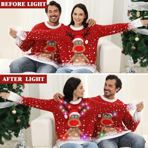 Ugly Christmas Sweater Women Men 2025,Light Up Christmas Sweater for Couples,Funny Reindeer Xmas Tacky Pullover Cute - Image 5