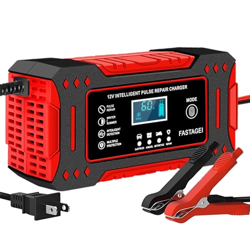 FASTAGEI 6-Amp Battery Charger, 12V 6A Lead Acid Portable Car Battery Charger 4-Stage Trickle Charger Smart Battery Maintainer w/Temp Compensation for Car Truck Lawn Mower Boat Marine