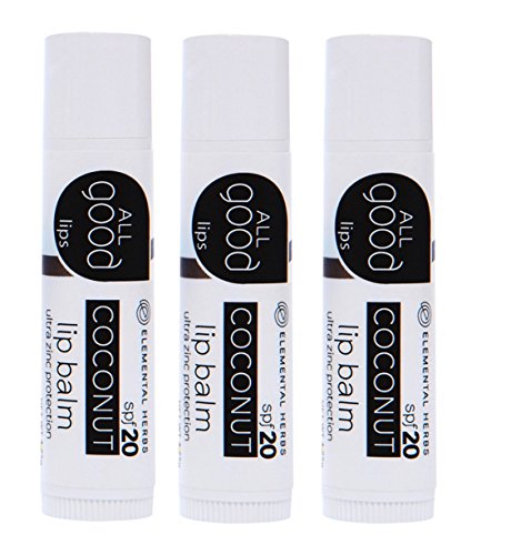 All Good Lips SPF 20 Coconut Lip Balm (Pack of 3) with Vitamin E, Raspberry Seed Oil, Extra Virgin Olive Oil and Beeswax, 0.15 oz.