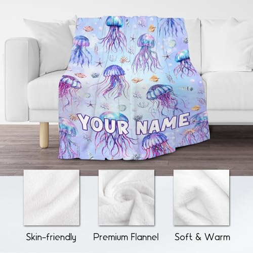 Custom Jellyfish Blanket with Name for Kids, Cute Soft Gifts for Ocean Lovers, Cozy Flannel Throw for Couch Sofa, 30"x40"