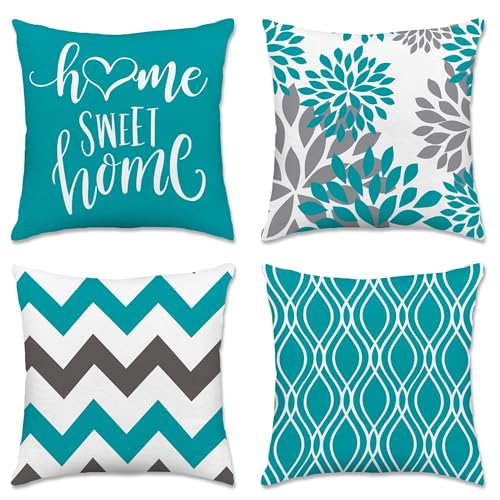 Hexagram Geometric Teal Pillow Covers 18x18 Set of 4, Decorative Outdoor Boho Modern Throw Pillow Covers, Home Sweet Home Farmhouse Cushion Case for Couch Sofa Bedroom Indoor Decor(No Insert)