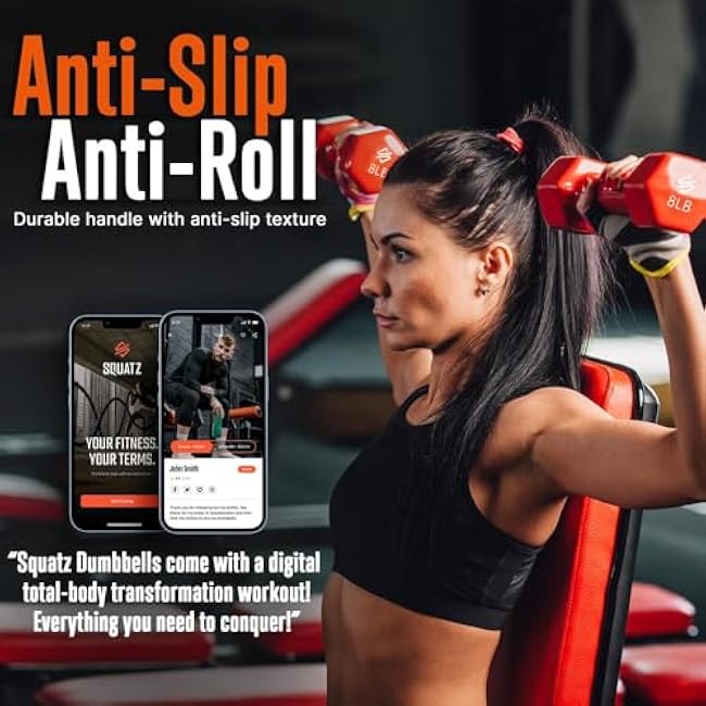 SQUATZ Dumbbell Weights Set with Stand, 32/20 Lbs Neoprene Coated Weights in Color Gray, Black, and Orange, Hex Shape Anti Slip and Roll Dumbbells for Exercise,Training, Fitness, Yoga for Men & Women