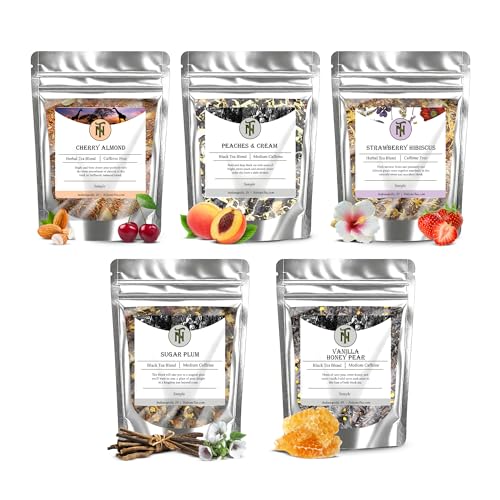 Nelson's Tea Fruit Sampler Pack - 5 Flavors Variety Pack - Loose Leaf Tea Sampler - Cherry Almond, Peaches & Cream, Strawberry Hibiscus, Sugar Plum, Vanilla Honey Pear - Samples Sizes
