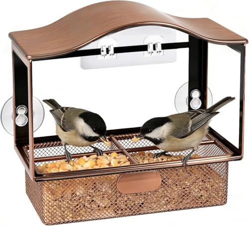 Aozzy Metal Window Bird Feeder Unbreakable with Suction Cups & Hooks Double Security Easy-Clean Detachable Tray bird feeders for small birds Heavy-Duty bird feeder Garden Gift for Grandparents & Kids
