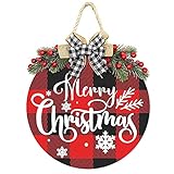 Merry Christmas Decorations Wreath, Buffalo Plaid Hanging Sign Rustic Wooden Holiday Decor for Front Door Porch Window Wall Farmhouse Indoor Outdoor Decorations