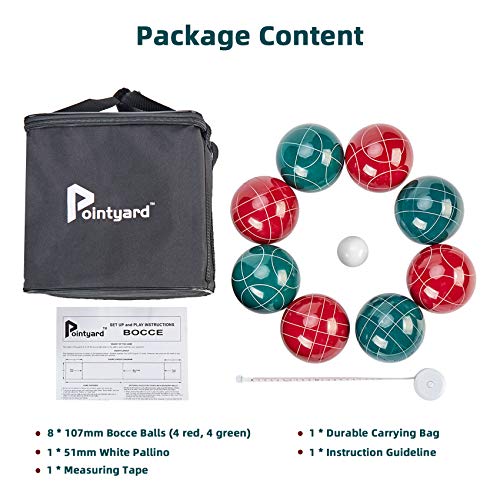 Pointyard 107mm Bocce Ball Set, Official Bocci Ball Set with 8 Resin Bocce Balls,1 Pallino,Nylon Carrying Bag,Measuring Tape - Tournament Adult Bocce Game for Outdoor/Yard/Lawn/Beach (Red and Green)