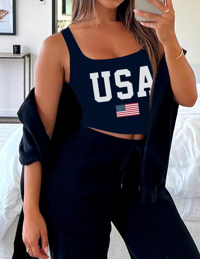 USA Crop Tops for Women American Flag Tank Top Patriotic 4th of July Tops Memorial Day Crop Shirt - Image 3
