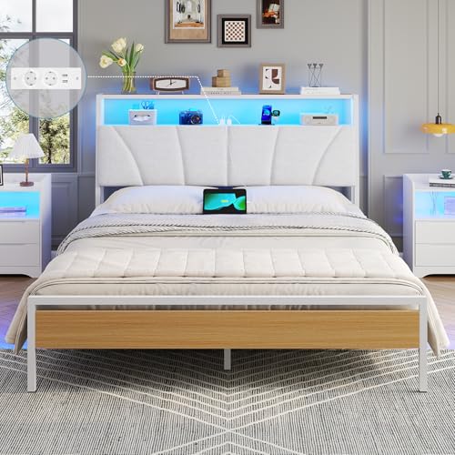 Brinlawb Letto Imbottito 140x190 cm, Struttura letto con Luce LED
