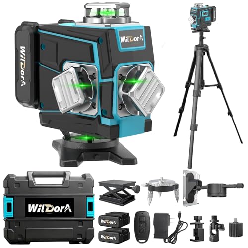 Wildora 4x360Green 16 Line Laser Level 4 Auto Self Leveling 2x4800mAh 48H Runtime Batteries Long-Range Remote Laser Leveler Kit with Tripod & Hard Case for Construction DIY & Renovation