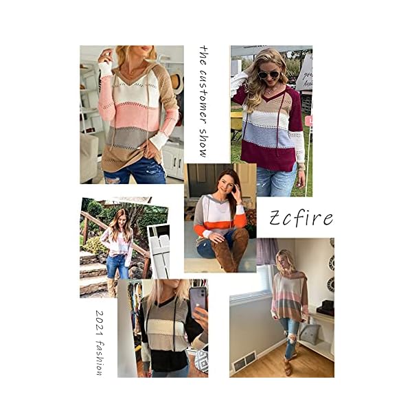 Zcfire-Womens-Lightweight-Color-Block-Knit-Hoodies-Sweaters-Loose-Long-Sleeve-V-Neck-Drawstring-Pullover-Sweatshirts Zcfire Christmas Sweater, Women's Lightweight Color Block Knit Loose Long Sleeve Drawstring Pullover Sweatshirts Wine Red Small