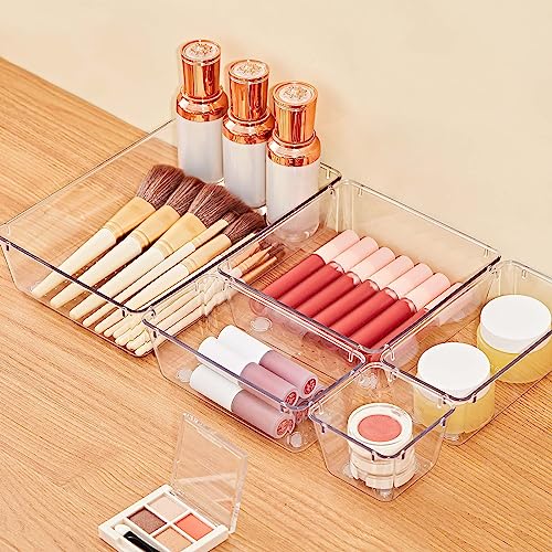 Image of SMARTAKE 22-Piece Drawer Organizer with Non-Slip Silicone Pads, 5-Size Clear Desk Drawer Organizer Trays Storage Tray for Makeup, Jewelries, Utensils in Bedroom Dresser, Office and Kitchen, Clear