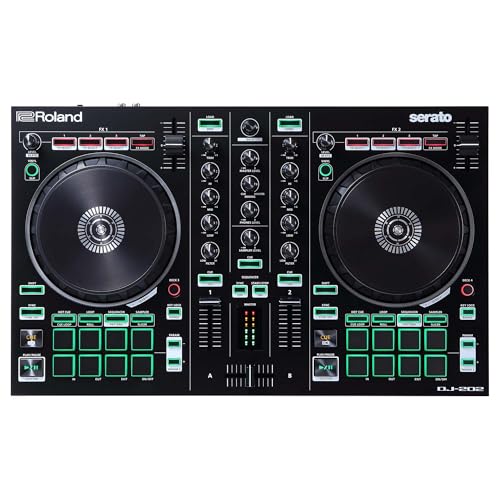 Roland DJ-202 Controlador de DJ compacto | Controlador de 4 decks y 2 canales para Serato DJ Lite | Platos grandes y de baja latencia | Míticos sonidos de baterías Roland | Compatible con Spotify