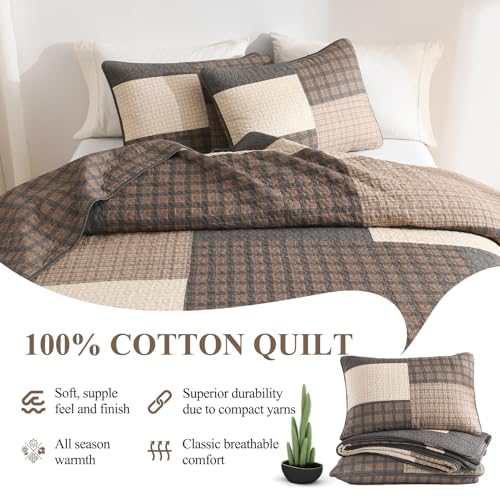 DDUOXIN Farmhouse Plaid King Quilt Set - 100% Cotton Quilts with 2 Pillowcase, Bedspread Lightweight Thin Comforter Bedding Sets for All Seasons, Brown/Dark Brown/Beige/Gray, King(106" W x 98" L) — view 5