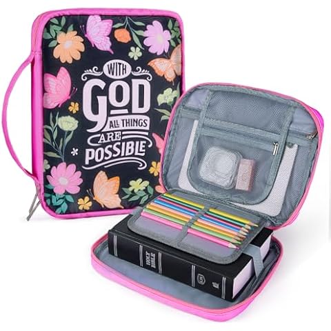 Pink Dino Bible Covers for Women Girls, Large Bible Case with Multiple Zippered Pocket Bible Carrying Bag with Removable Pen Slots for Bible Study Supplies Cover