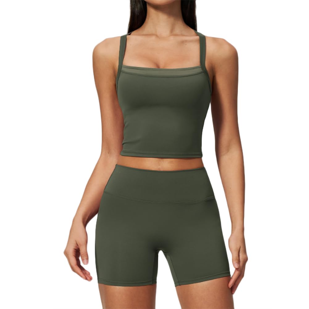 Completo Sport Due Pezzi con Schiena Elegante per Yoga | Canotta corta doppio strato color-block scollo quadrato abbinata a shorts vita alta modellanti completo yoga due pezzi