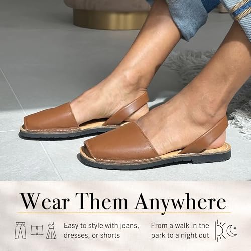 Image of The Spanish Sandal co Classic Flat Sandals for Women, Dressy Soft Leather Peep Toe Sandals for Women, Versatile Casual Slip-on Flats