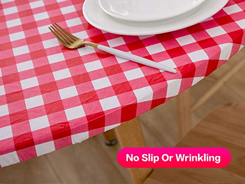 Lifesmells Round Fitted Vinyl Tablecloth For Indoor Outdoor Patio Tables,Oil&Waterproof Wipeable,Flannel Backed&Elastic Edge,Red-White Gingham Plaid Check Plastic For 5-Seat Table Of 45-56" Diameter #TOP2