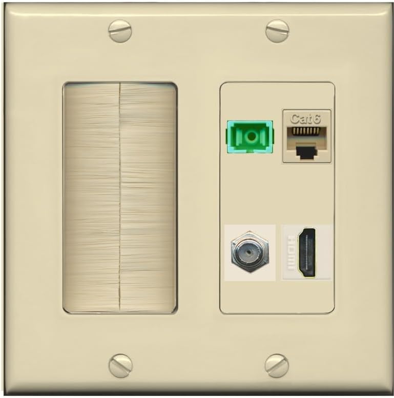 RiteAV 1 Port Fiber Optic Jack SC Simplex APC + Cat6 + Coax + HDMI Wall Plate - Brush [Red/White]