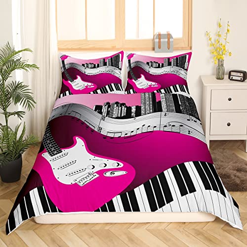 Castle Fairy Rock Guitar Duvet Cover,Kids Electric Guitar Bedding Set,Black White Piano Keys Comforter Cover For Boys Girls Room Decor,City Street Lightweight Bedspread Cover Twin Size With 1 Pillow Case thumb #2