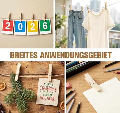 100 Stück Mini Holzklammern 3,5cm mit 100M Juteschnur, Kleine Wäscheklammern Holz Bastelschnur für Fotogirlande, Kleine Klammern Fotoseil zum Aufhängen von Fotos, Postkarten, Kleidung, DIY-Dekoration