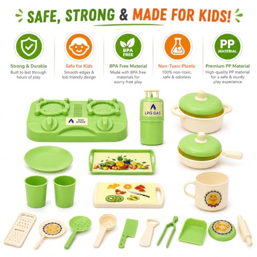 Image of Chanak Kitchen Fresh Cook Set Bag for Kids, Pretend Play Cooking Toy with Mini Utensils & Gas Stove, Cylinder, Frying pan, Serving Tray, Kitchen Role Play Toy Set for Kids Age 3+ (Green)