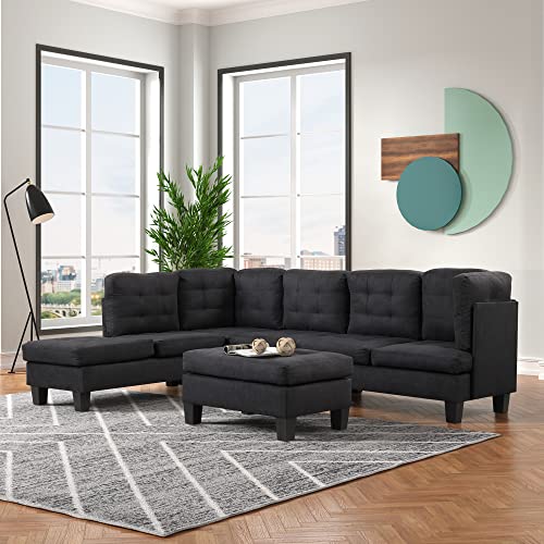 Casa Andrea Milano Modern Tufted Micro Suede L Shaped Sectional Sofa Couch With Reversible Chaise & Ottoman, Large, Black #TOP1