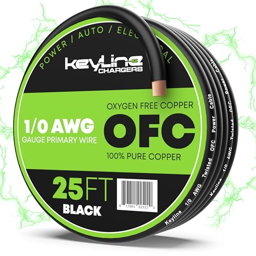 1/0 Gauge Wire (25ft) AWG Amp Battery Cable for Automotive Electrical Wiring - Oxygen Free Copper (OFC) Welding Cable 0GA - Car Amplifier Power & Ground Cable Stereo Audio Speakers RV Trailer Wiring