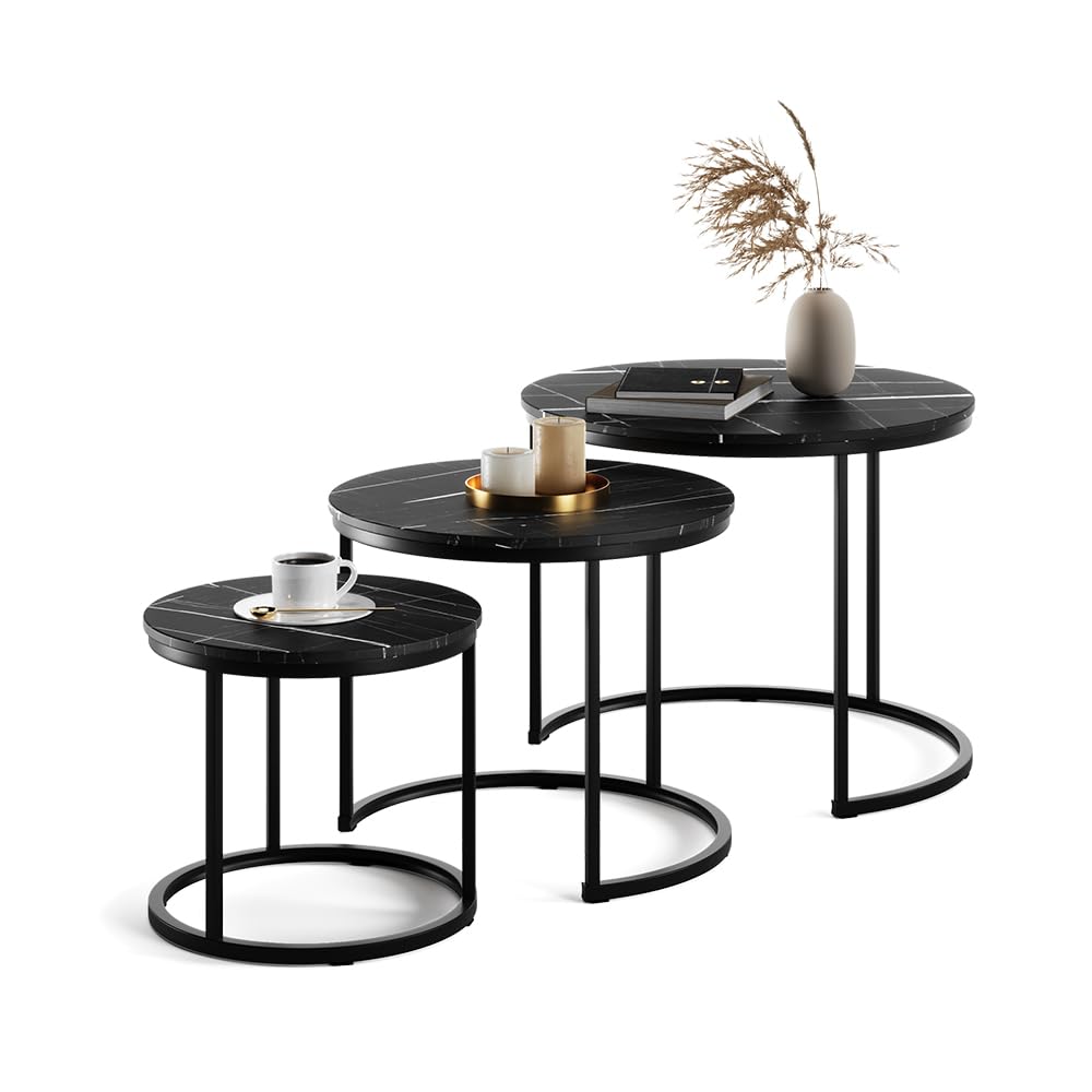 Vicco Set di tavolini da caffè Montreal, Marmo nero, 55 x 55 cm 3 parti, salvaspazio, pieghevole e combinabile in modo versatile