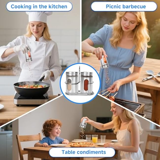 Glass Salt and Pepper Shaker Set with Seasoning Rack, Spice Rack, Adjustable Pour Hole Stainless Steel Lid, 2.8 oz, Spice Dispenser for Salt, Pepper, Spice Preservation (silver)