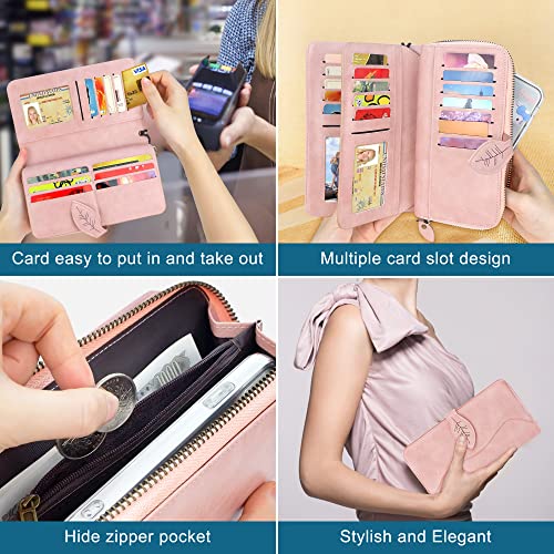 CONISY Womens Wallets Large Capacity, Multi Card Slots Clutch Long Wallet for Women with RFID Blocking (Pink)3