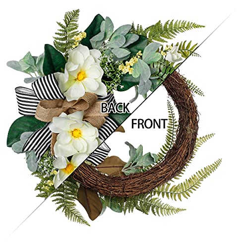 Valery Madelyn 24 Inch Spring Wreaths For Front Door,Magnolia Wreath With Fern Leaves, Large Artificial Flower Half Coverage Summer Fall Floral Wreath For Porch Window Wall Home Decor #TOP5