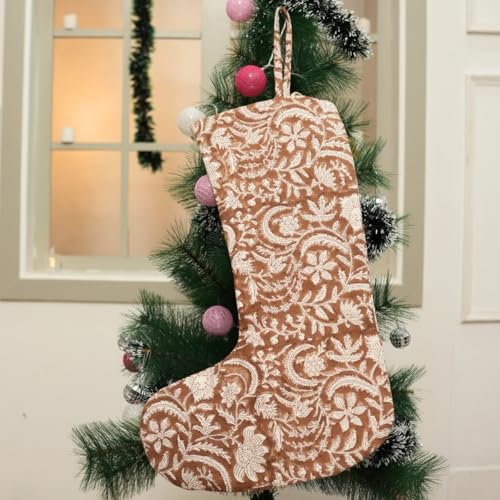 Fabritual Handmade Thick Cotton White Block Printed Christmas Stockings for