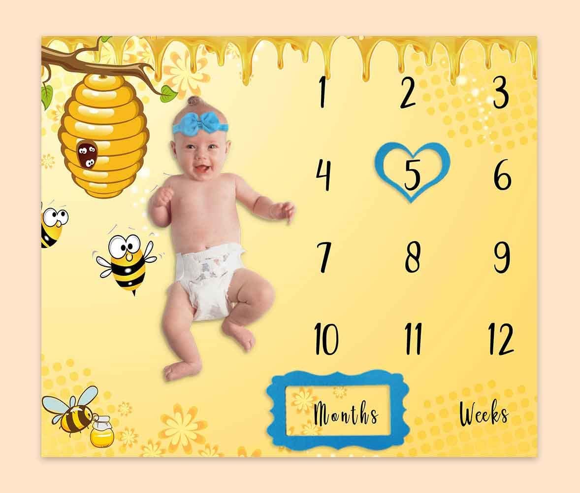 Bee Honeycomb Baby Age Milestone Blanket, Sweet Honey Drips Large Blanket for Nursery, Baby 1-12 Months Growth Chart, Includes 4 Frame and 1 Headband 48"x48" BTLSPH751