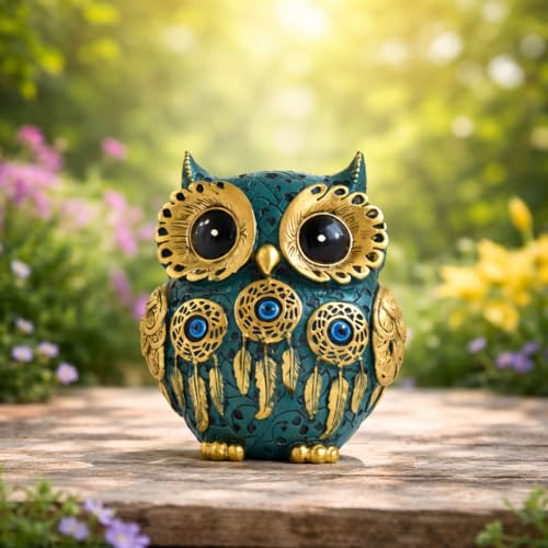 Image of Owl Showpiece for Home Decor, Resin Figurine with Gold Detailing, Lucky Evil Eye Owl Statue for Living Room, Office & Gifting (Blue)