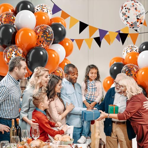Image of 60pcs Orange and Black White Halloween Balloons, 12inch Black Orange White Latex Confetti Balloons for Ghost Halloween Birthday Party Decorations