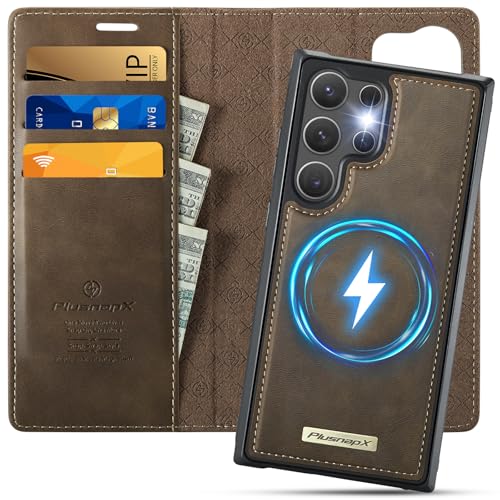PlusnapX Wallet Case for Samsung Galaxy S25 Ultra Compatible with Magsafe 2-in-1 PU Leather Flip RFID Blocking Card Holder Stand Shockproof Magnetic Detachable Cover for Galaxy S25 Ultra Brown