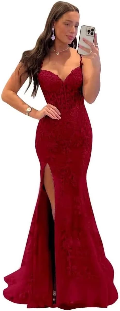 Women’s Sweetheart Corset Side Slit Prom Dress, Long Lace Embroidered Formal Dress