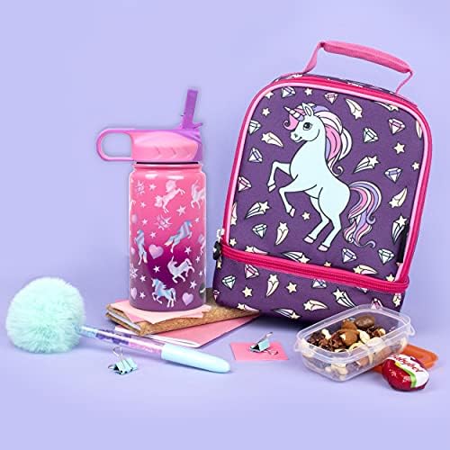 Fringoo - Unicorn Ombre Kids Water Bottle with Straw- Short BPA Free Water Bottles - Insulated Water Bottle - Stainless Steel Water Bottle - Kids Water Bottles - Reusable Water Bottle - 350 ml