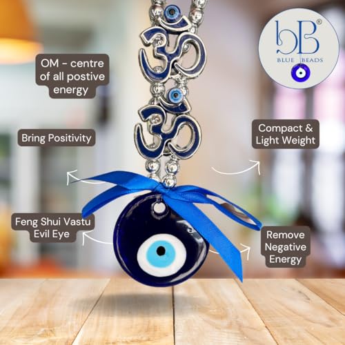 Image of BLUE BEADS Turkish Feng Shui Vastu Blue Glass Evil Eye Hanging /Door Hanging Nazar Batu for Protection and Good Luck - Perfect for Gifting Home or Office (Double Om)