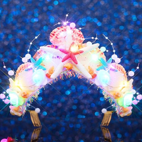 Handcess Leuchtende Seestern-Tiaras und Kronen, LED-Muschelkrone, Stirnband, leuchtende Meerjungfrauenkostüm, Perlenkopfbedeckung, Party-Rave-Haarschmuck für Damen