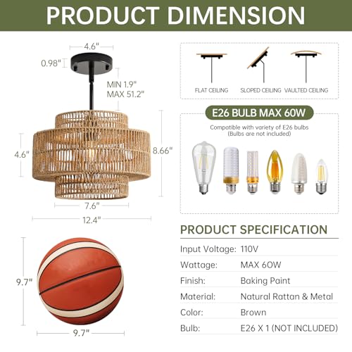 Image of 12.4 inch Boho Rattan Pendant Light Fixture for Dining Room, 1-Light Black Chandelier Farmhouse Rustic Hanging Lamp for Kitchen Island, Bedroom, Living Room, Entryway, Foyer, Hallway