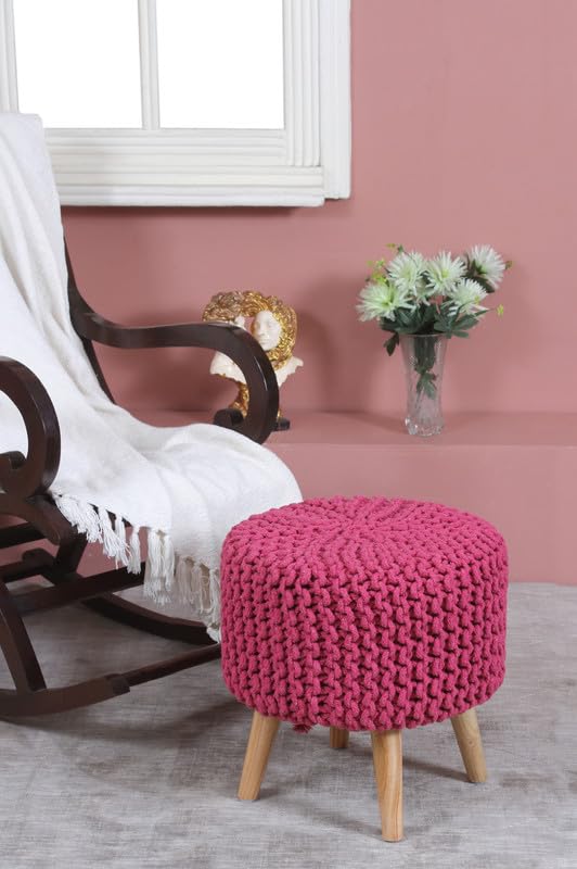 ShadowKart Jute Pouffes Sitting Stool for Living Room Puffy Wooden Ottoman Stools Cotton Knitted Poufe Furniture Footrest Pouf Footstool for Office Home Decor, 42X42X43Cm, Cotton, Pink