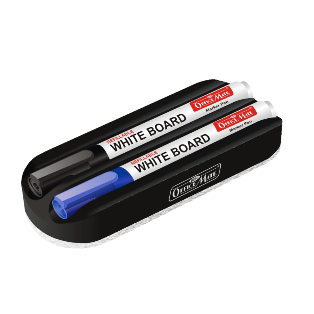 Soni OfficeMate Magnetic Whiteboard Duster with 2 Refillable Markers | Includes Black & Blue 4.43 mm Bullet Tip Markers | Compact 6.3 cm Duster with Magnetic Back | Easy Wipe, Low Odor Ink | Ideal-image-11