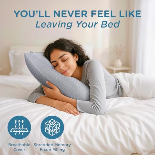 Image of ComfyHug Sleeping Pillow, Shredded Memory Foam Adjustable Soft Pillow for Sleeping - 22 x 16 Inch, for Back & Side Sleepers - Relieves Neck & Shoulder Pain, Premium Washable Cover (Grey, Pack of 1)