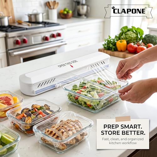 Image of Foil Paper Cutter and Holder Aluminium Foil and Plastic Wrap Organizer with Paper Towel Holder Compatible with Cling Film Tin Foil and Wax Paper Plastic Wrap Dispenser Cutter (White, Single Layer)