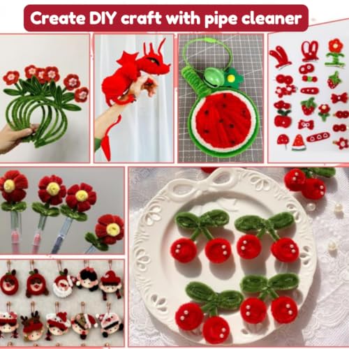 Image of YUNAMI Chenille Stems for DIY Flower Making - 200 Pcs Pipe Cleaners with Floral Wire, Tape, Stamen & Pearls - Premium Bouquet Supplies for Home Decor & Gifting (200, red)