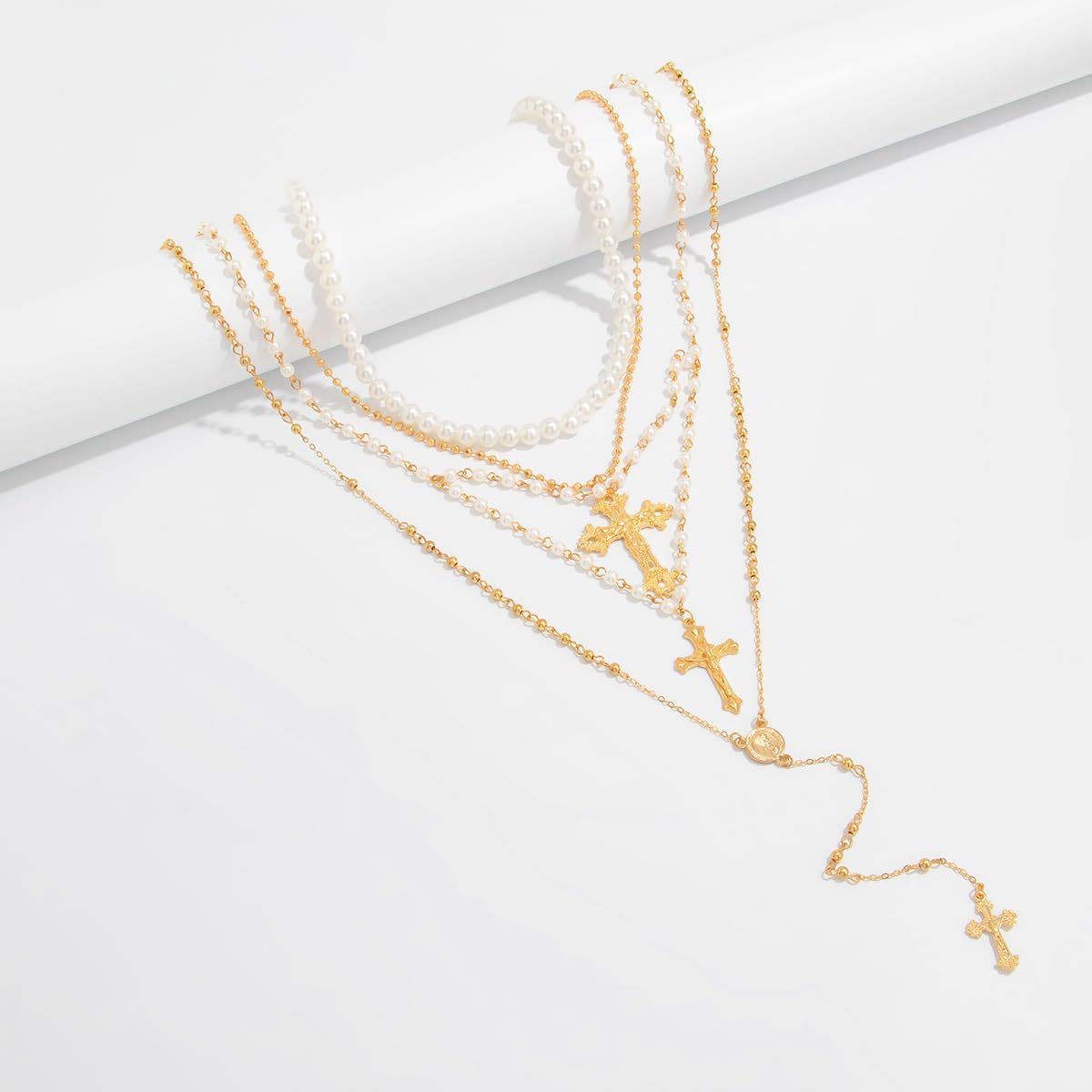 Layered Cross Necklace Set for Women – Vintage Gold Pearl Choker, Multi-Strand Chain with Religious Pendant, Trendy Baroque Statement Jewelry, Adjustable Fashion Gift - Image 3