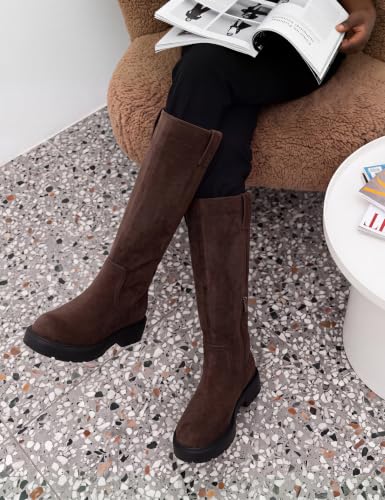 Image of VIUGJNEX Knee High Boots Women Low Heel Flat Chunky Fall Tall Riding Boots