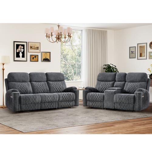 2-Piece Power Recliner Sofa Set with Charging Port, Include 2-Seater Loveseat Reclining Couch with Hidden Storage and Cup Holders and 3-Seater Recliner Couch for Living Room, Dark Grey