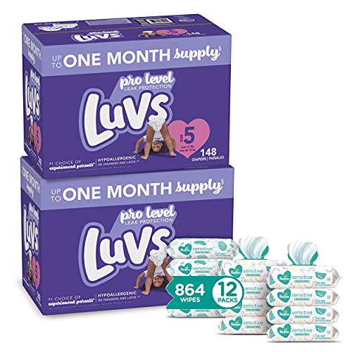Luvs Baby Diapers and Wipes 2 Month Supply - Two Disposable Baby Diapers Size 5, 148 Count with Sensitive Water-Based Baby Wipes, 864 Count